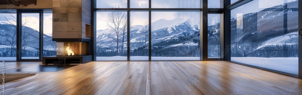 Poster a large, empty room with a fireplace and a view of mountains. the room is very spacious and has a mo