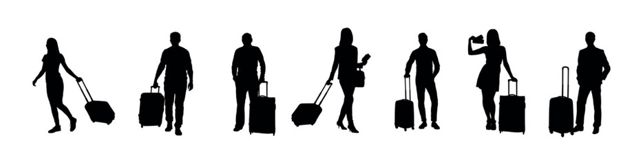 Silhouette set of people passengers with luggage different poses vector silhouette.