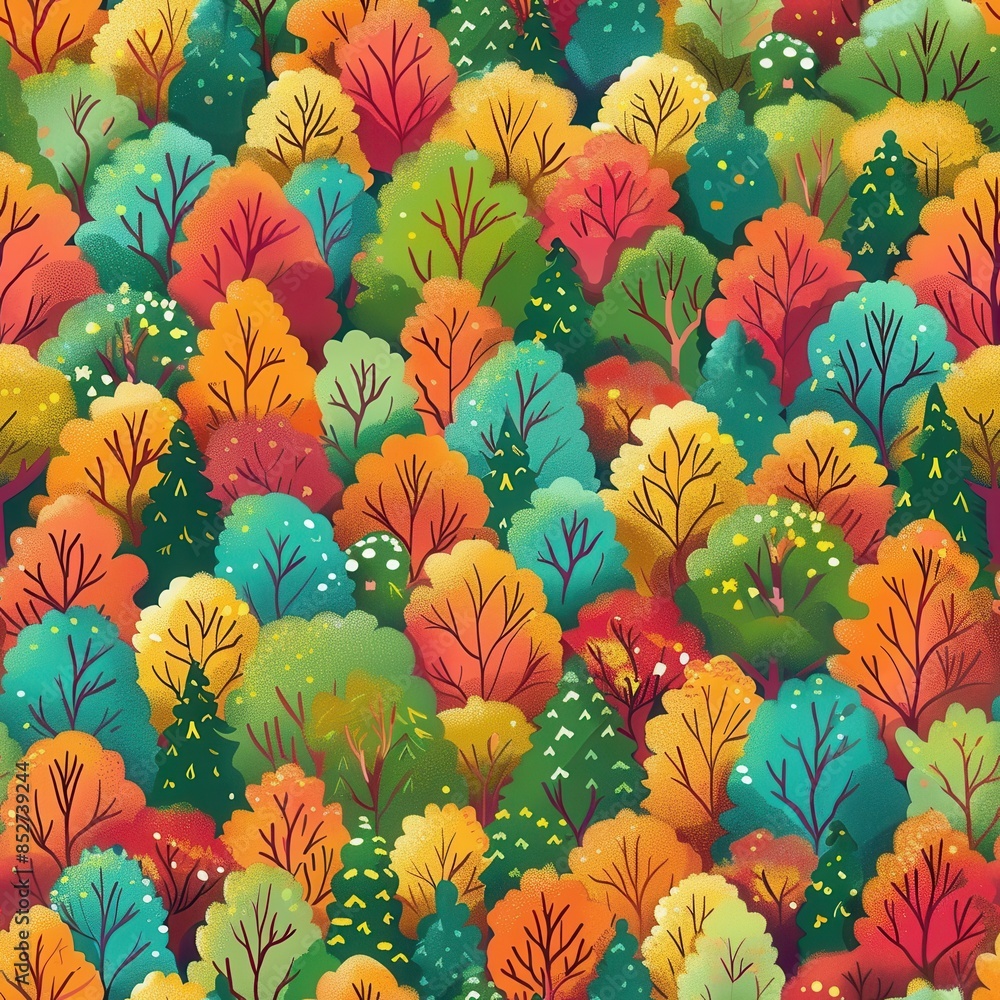 Poster a vibrant illustration depicting a canopy of colorful trees in an autumn forest. the image features 