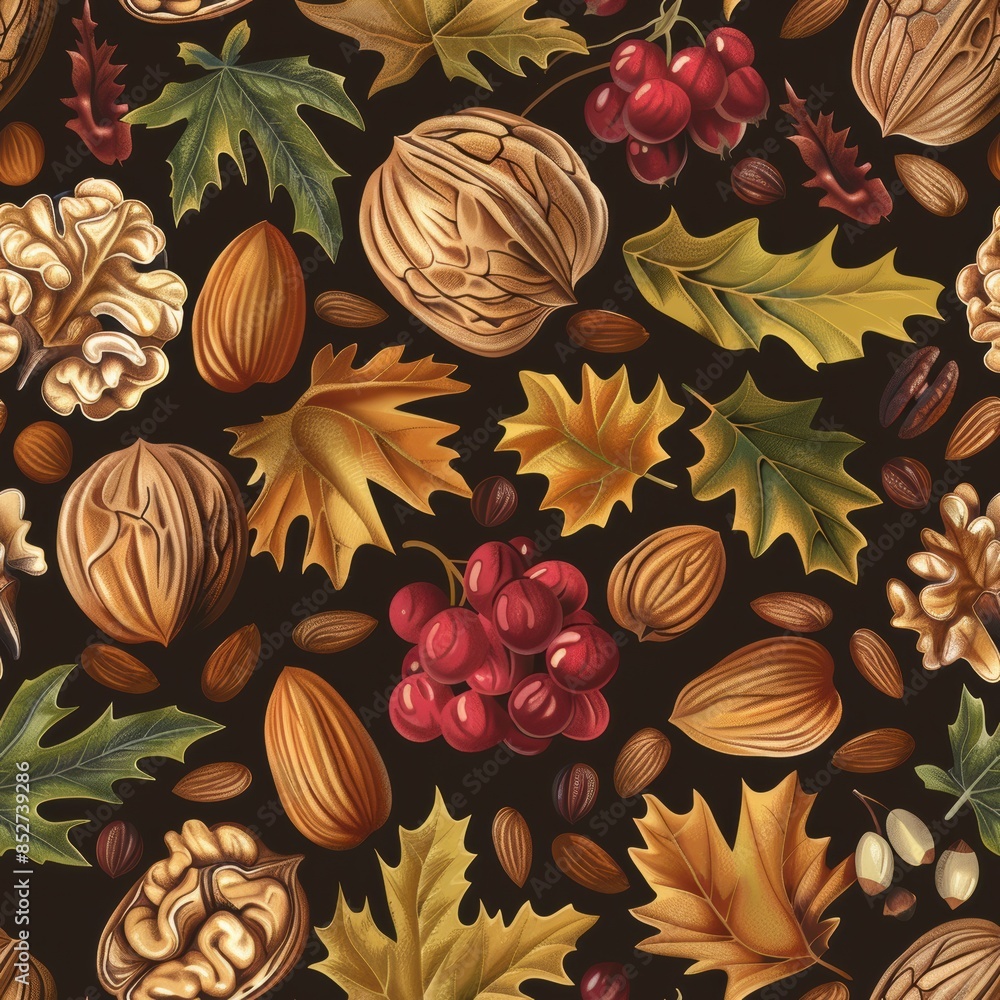 Poster This image features a seamless pattern of autumnal nuts, leaves, and berries. The pattern includes walnuts, almonds, maple leaves, and red berries. The image is a classic autumnal design that can be u