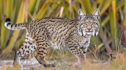 Fototapeta premium A small bobcat walking through a field of tall grass, AI