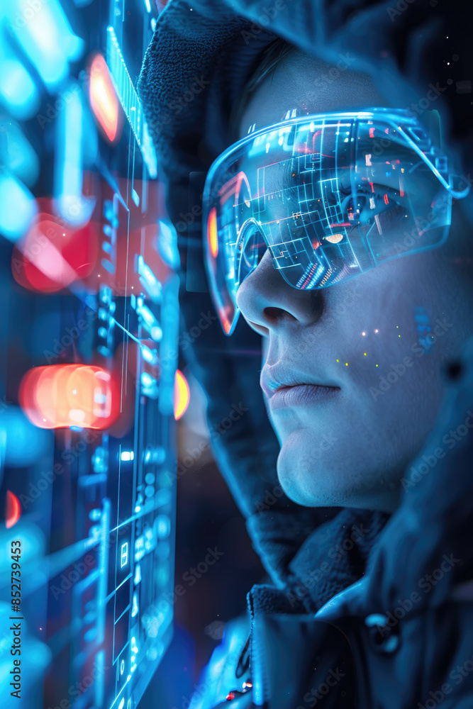 Aufkleber a close-up image of a person wearing futuristic goggles and looking intently at a digital screen fil