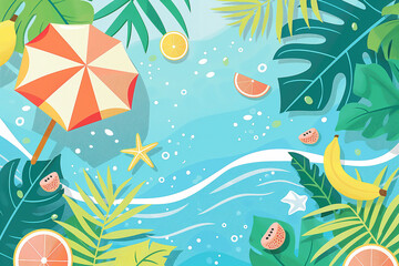 Flat design illustration with a beach background containing summer elements like palm leaves and starfish, an umbrella in the water and fruit slices lying around.