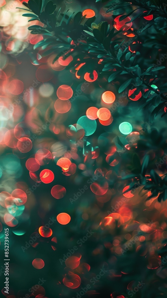Poster A close-up image of green leaves with a blurred background of red and green bokeh lights. The image is captured from a low angle, emphasizing the foliage in the foreground. The soft lighting creates a