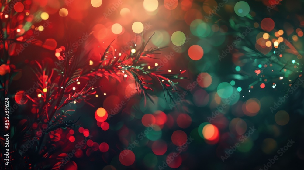 Poster a close-up image of a single evergreen branch silhouetted against a background of blurry red and gre