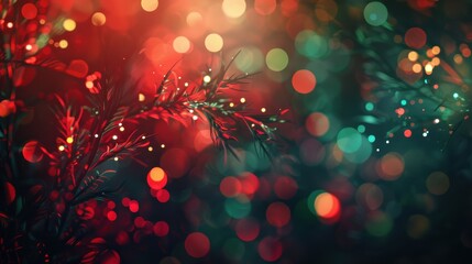 A close-up image of a single evergreen branch silhouetted against a background of blurry red and green holiday lights. The lights create a warm, festive atmosphere, and the evergreen branch adds a tou