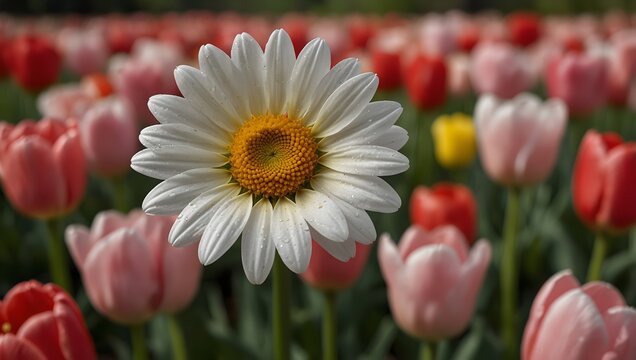 The symbolism of a single daisy in a field of tulips ai_generated