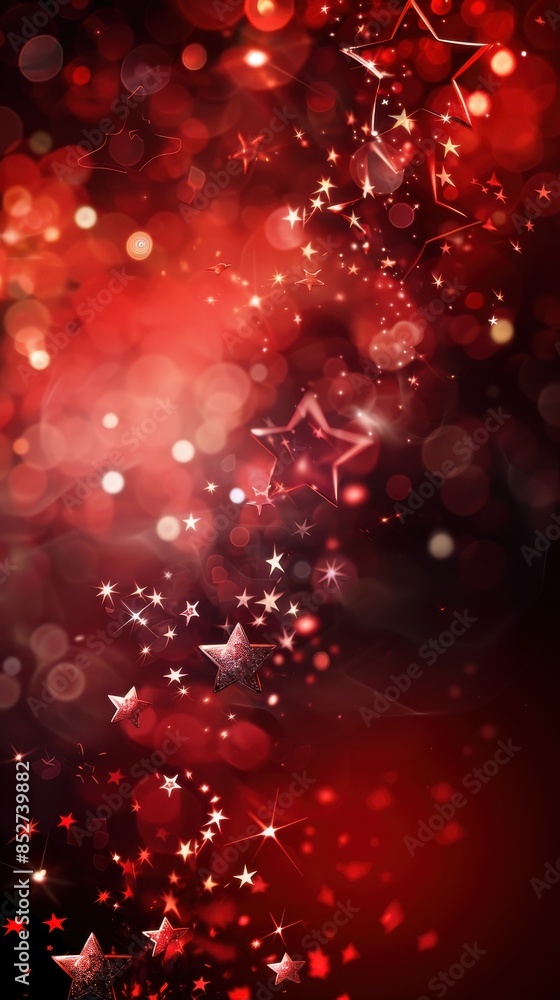 Aufkleber this image features a red background with silver stars and bokeh lights. the stars are scattered ran