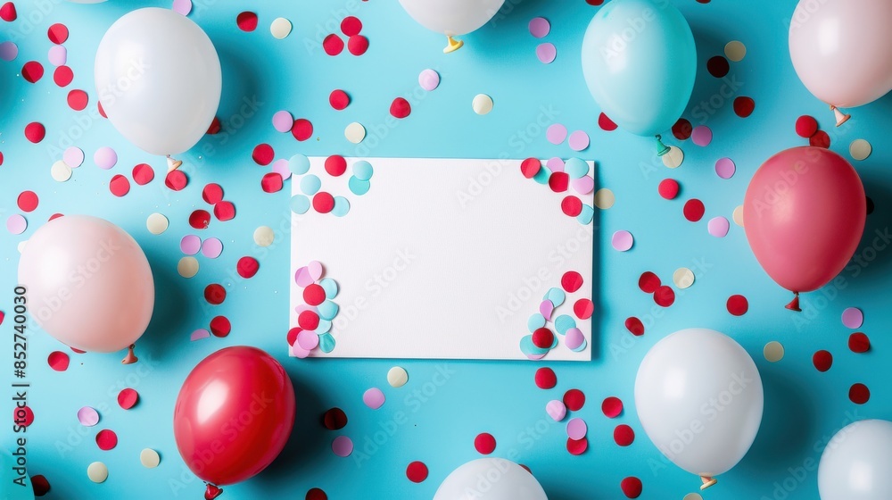 Poster This image shows a flat lay composition of colorful balloons and confetti scattered on a blue background. A white card sits in the middle of the arrangement, perfect for adding a message or inscriptio