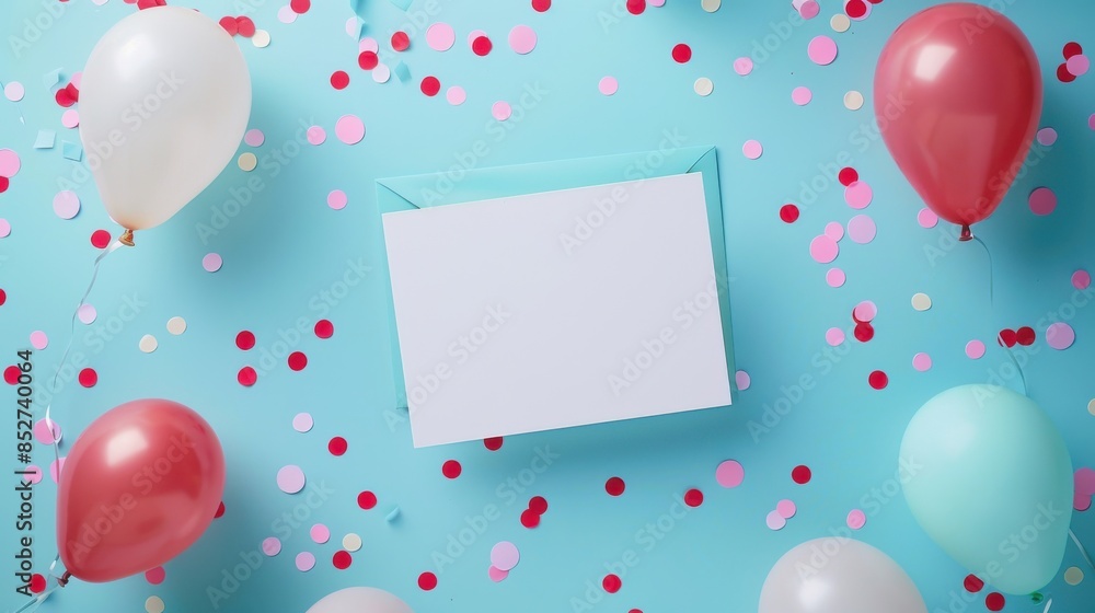 Poster a flat lay image of a blank white card surrounded by colorful balloons and confetti on a blue backgr