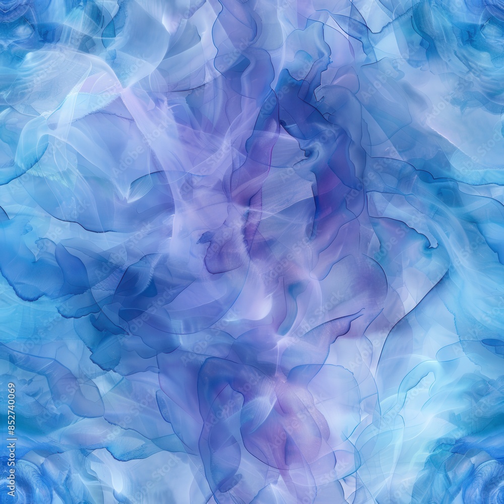 Poster This image is a close-up of an abstract painting featuring swirls of blue and purple ink. The ink has been blended and layered to create a dynamic and visually interesting pattern.