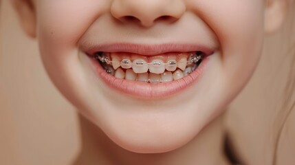 Fototapeta premium A teenager with braces, smiling brightly and showing beautiful teeth