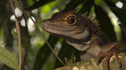 Obraz premium A lizard is sitting on a tree branch with leaves in the background, AI