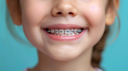 Fototapeta premium A teenager with braces, smiling brightly and showing beautiful teeth