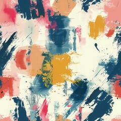 Fototapeta premium This abstract painting features a bright, colorful palette with bold brushstrokes in blue, yellow, red, and pink on a white background. The paintings style is loose and gestural, creating a dynamic an