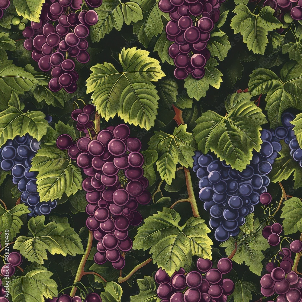 Poster a closeup image showcases a vibrant arrangement of ripe purple and blue grapes hanging from lush gre