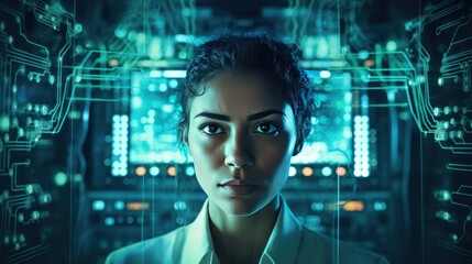 Photograph of a female engineer working late at night in her office, surrounded by blueprints and computer screens.