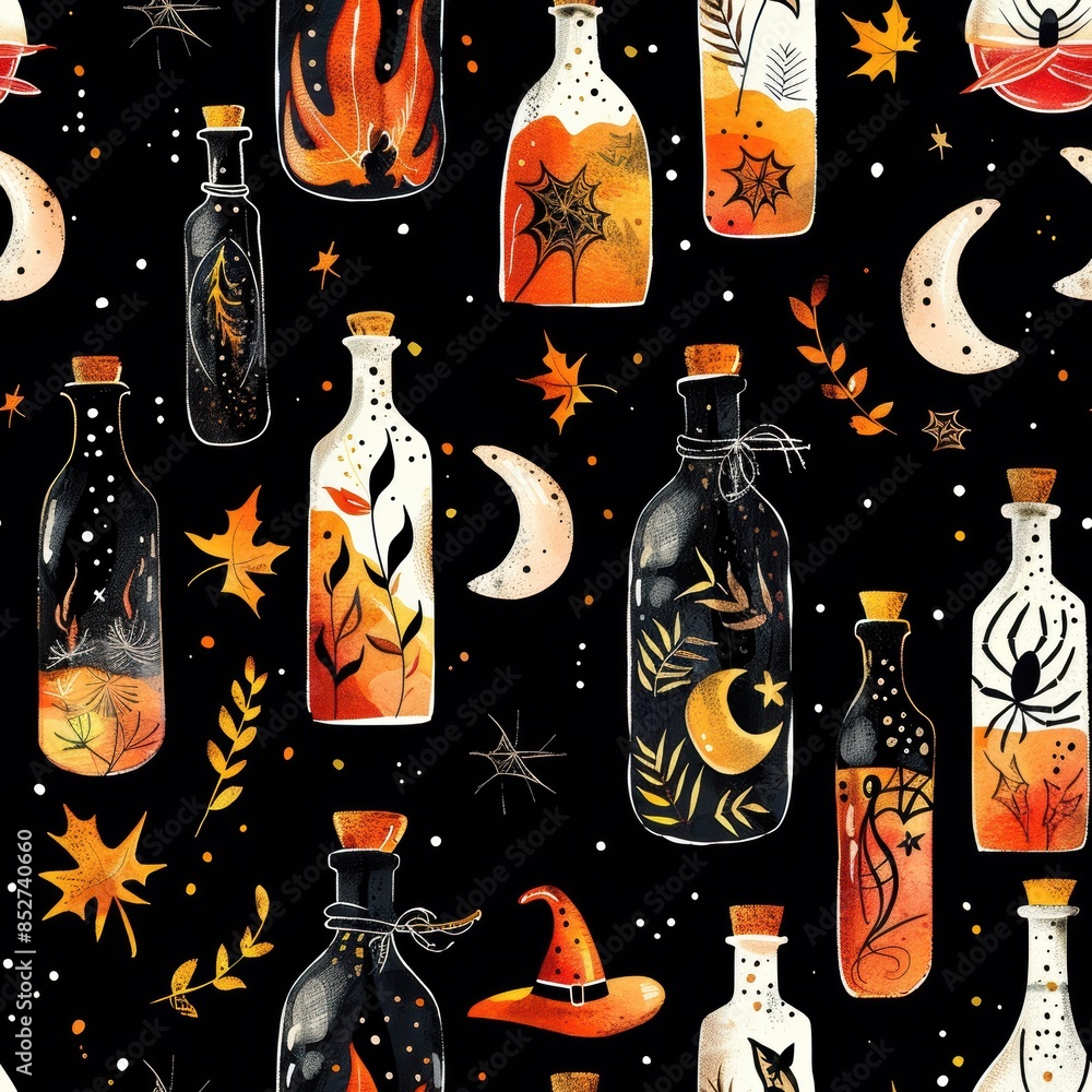 Poster A digital illustration featuring a repeating pattern of colorful glass bottles filled with various witchy motifs, including moons, stars, spiders, flames, and leaves, all on a black background. The bo