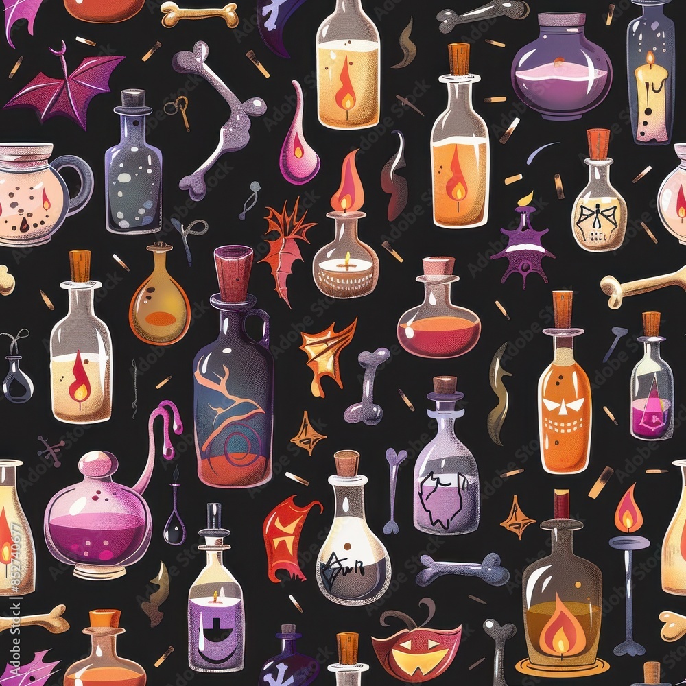 Poster A seamless pattern featuring various colorful potion bottles with different designs and contents. The bottles are arranged on a black background along with other Halloween elements such as bones, flam