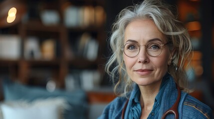 Stylish mature middle aged woman sits at desk portrait. Happy older senior businesswoman, 60s grey-haired lady looking at camera sitting at offic
