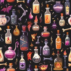 A seamless pattern featuring various colorful potion bottles with different designs and contents. The bottles are arranged on a black background along with other Halloween elements such as bones, flam