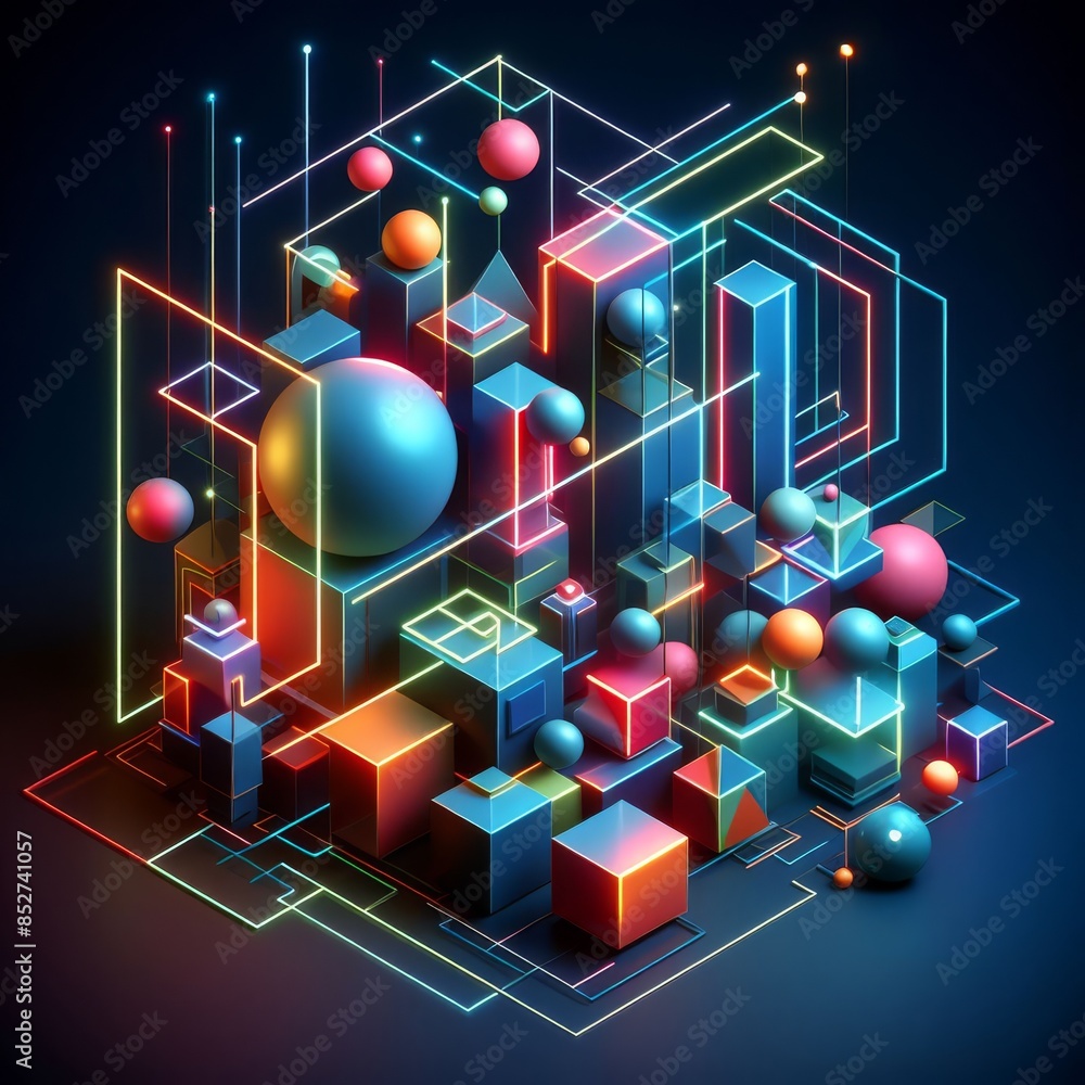 Poster a vibrant and futuristic abstract artwork featuring neon geometric shapes and lines against a dark b