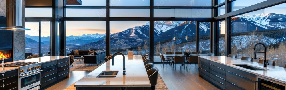 Aufkleber a large, modern kitchen with a view of mountains. the kitchen is very spacious and has a lot of coun