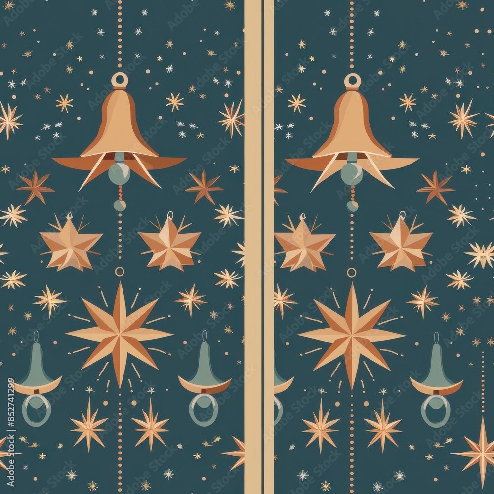 Poster a seamless pattern featuring gold stars and bells with a decorative, stylized design. the ornaments 