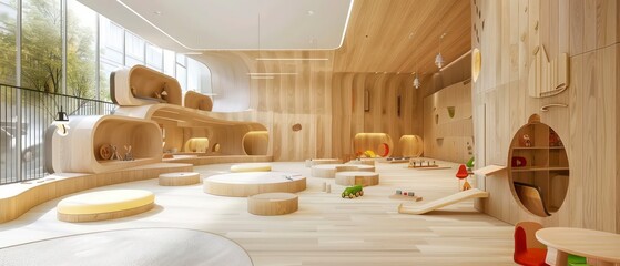 Kindergarten room with a playground theme, incorporating child-sized furniture and bright windows