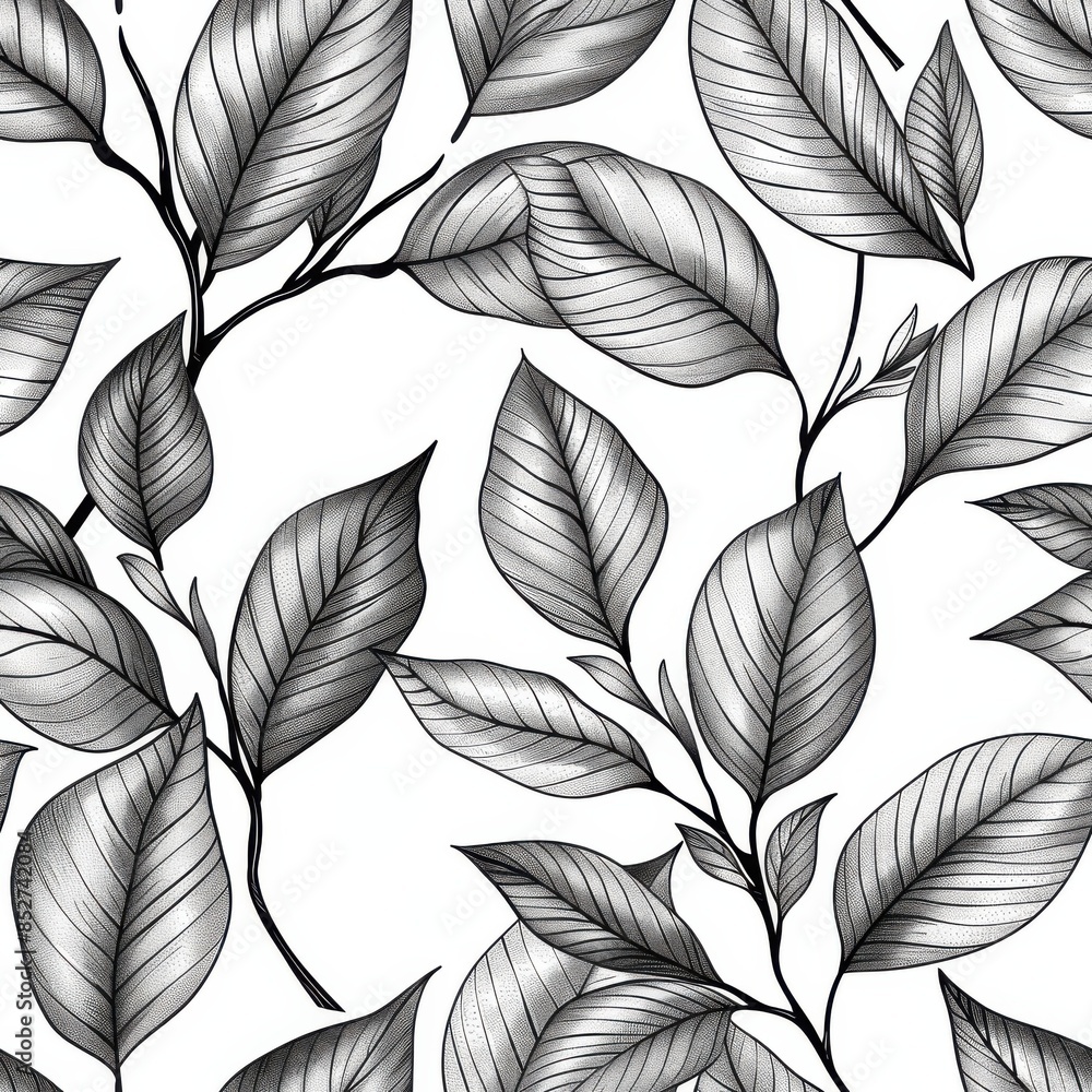 Aufkleber this image showcases a detailed, black and white illustration of a seamless leaf pattern. the leaves
