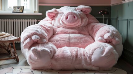 A large pink pig shaped chair sitting in a room with white walls, AI