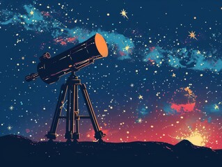 Telescope pointed at the starry night sky.