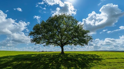 A tree s shadow reaching up from the ground against a sunny sky forming a striking contrast