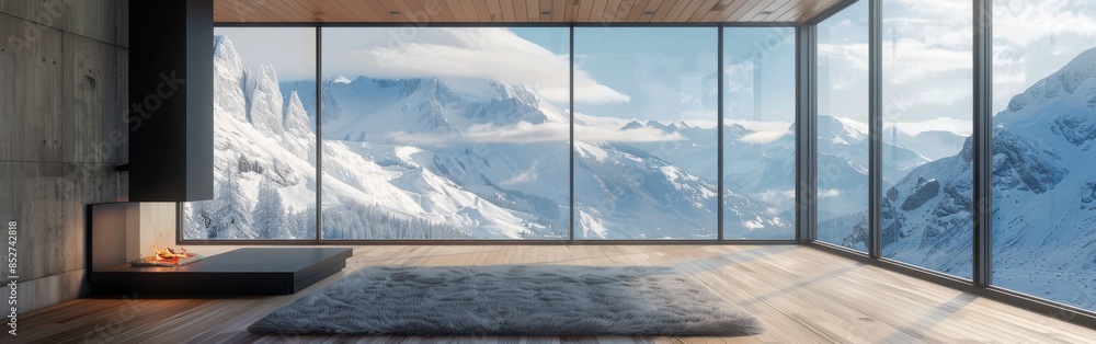 Poster a large window in a room with a fireplace and a rug. the room is empty and the view outside is of sn