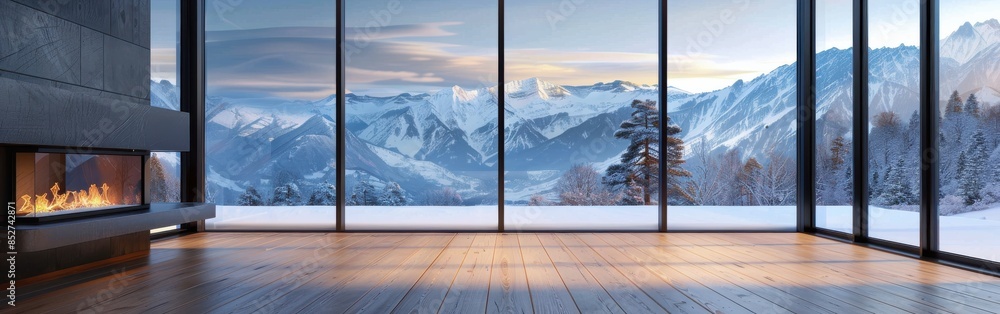 Poster a large window with a fireplace in the background. the fireplace is lit and the room is empty. the v