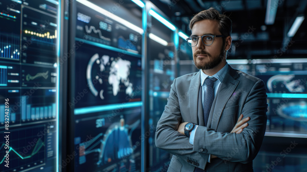 Poster a confident businessman stands with his arms crossed, looking towards the camera in a modern office 