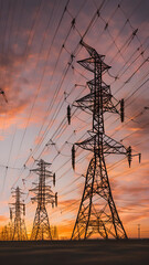 Fototapeta premium Electric towers lined up against a sunset
