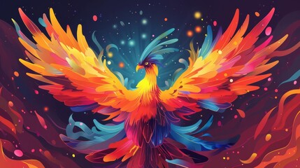 Vibrant Phoenix with colorful wings against a dark background.