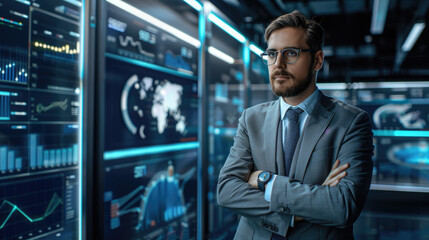 A confident businessman stands with his arms crossed, looking towards the camera in a modern office setting. Behind him are large digital screens displaying data and graphics