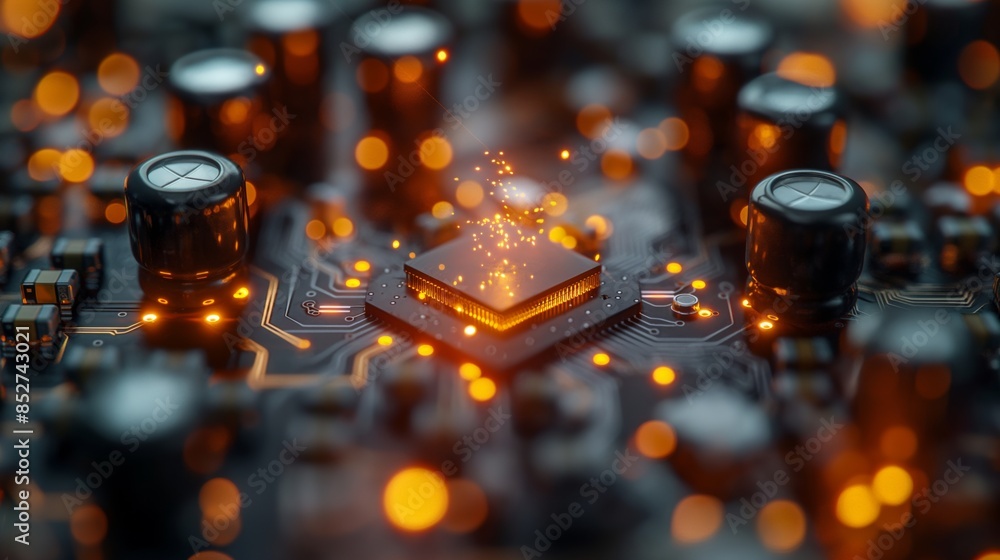 Poster illuminated microchip: an abstract perspective unveils the intricate detail of a high-tech microchip