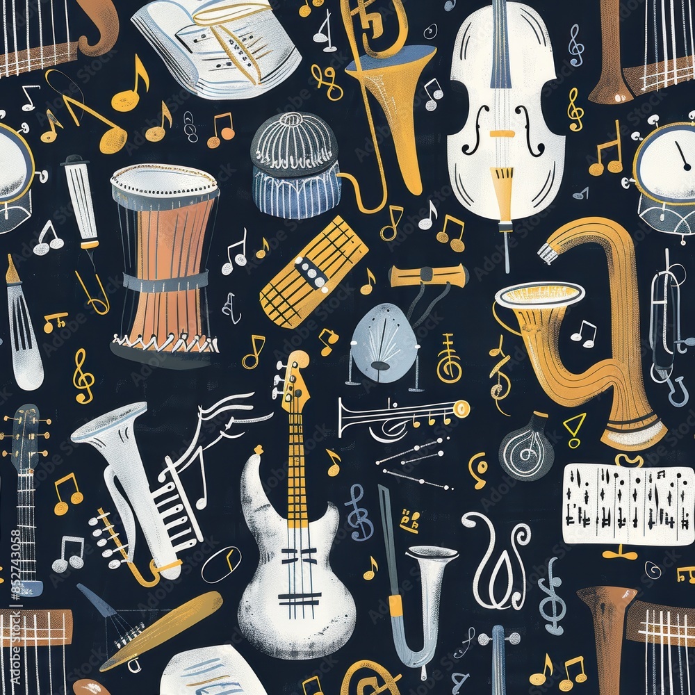 Aufkleber This image features a colorful, illustrative pattern of various musical instruments on a dark background. The pattern includes a bass guitar, a saxophone, a double bass, a trumpet, a drum, a xylophone