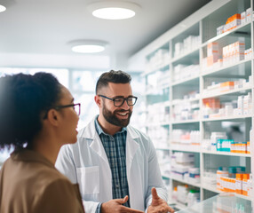 Stock minimalist photography of a pharmacist explaining medication usage to a customer, with shelves of products blurred in the background, daylight illumination