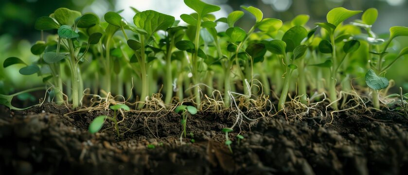 plant root system, close-up view of plants growing in the soil, illustrating the intricate network of roots absorbing and transporting nutrients