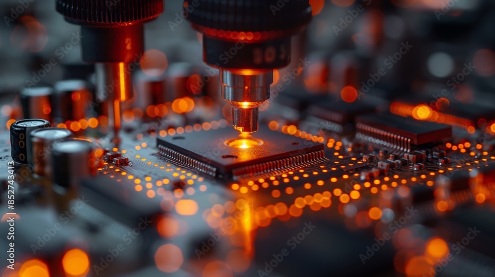 Poster microscopic precision: an up-close view reveals a circuit board with intricate details, illuminated 