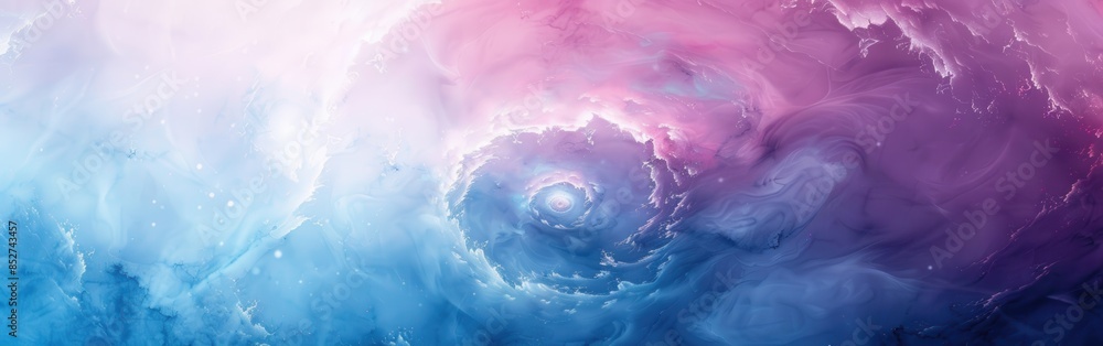 Poster a wide shot of a swirling vortex of blue and pink clouds in the sky. the clouds are illuminated by a