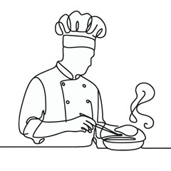 Continuous line drawing of Chef Preparing Food, Chef Preparing Food line art, chef line art