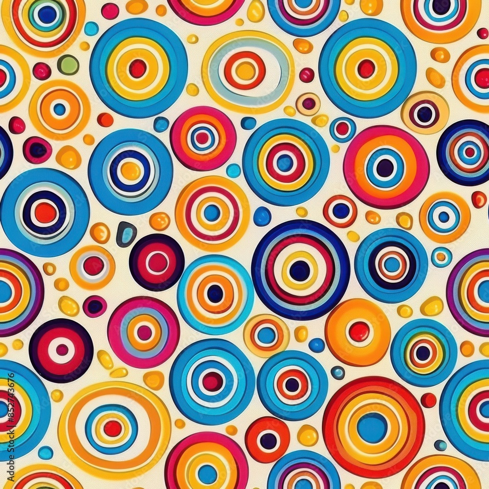 Poster an abstract pattern design features brightly colored concentric circles in various sizes and shades.