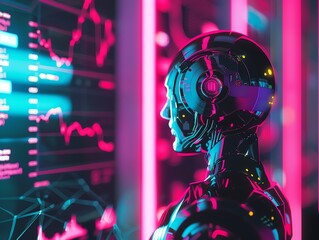 Futuristic robot analyzing digital data on a screen with neon lighting, illustrating artificial intelligence in technology and finance.