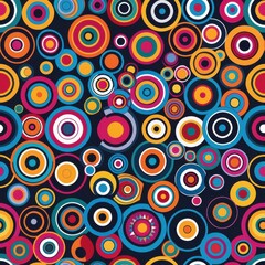 A digital artwork featuring a seamless pattern of overlapping concentric circles in various sizes and vibrant colors, including blue, red, orange, yellow, green, and purple. The circles are arranged i