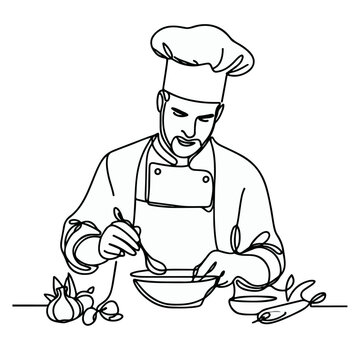 recommend clip art: Continuous line drawing of Chef Preparing Food, Chef Preparing Food line art, chef line art